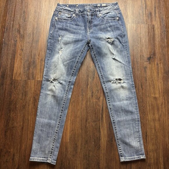 Miss Me Denim - Miss Me Mid-Rise Skinny Jeans Sequin Angel Wings Distressed Light Wash Size 31